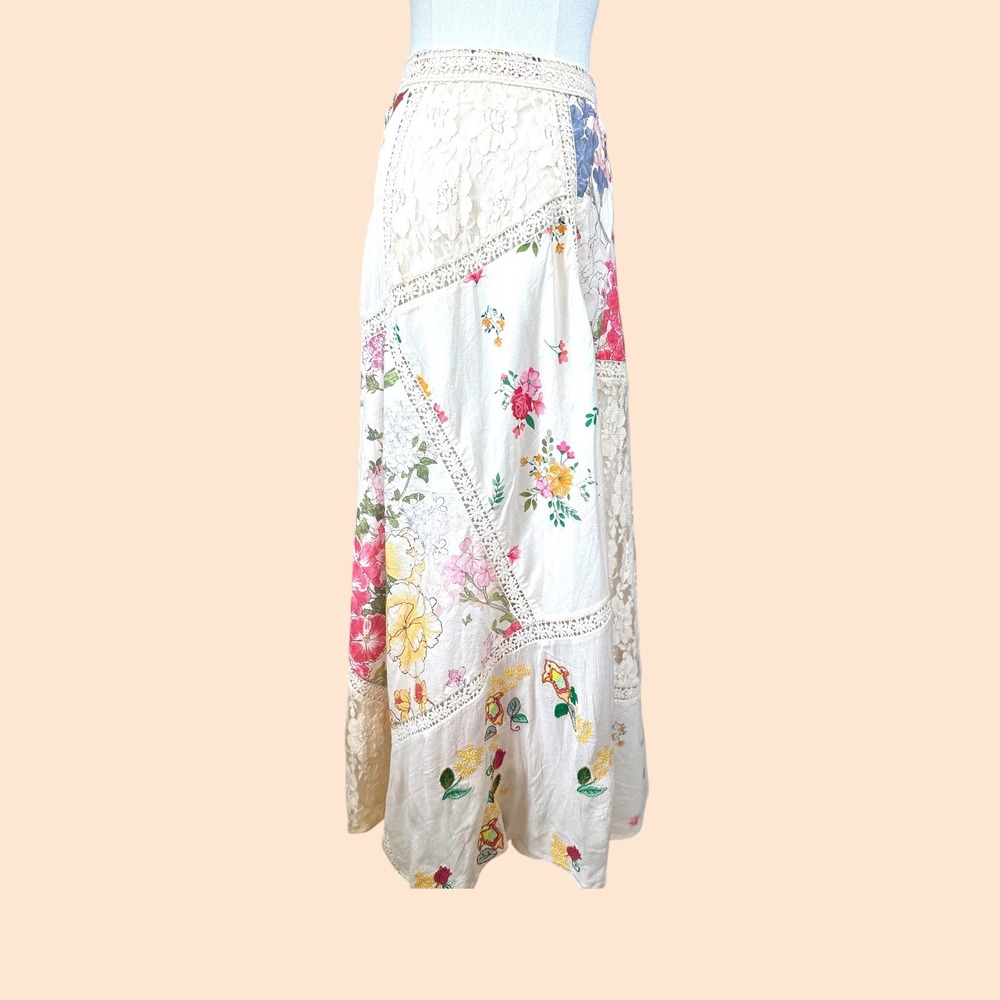 REBA NWT Patchwork Floral Lace Maxi Skirt Cream Boho Festival Prairie Size 6 - Picture 5 of 15